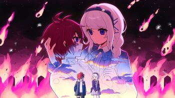 Rule 34 | !! (lingyou31355), 1boy, 1girl, ^ ^, absurdres, ahoge, black hair, black pants, blood, blood from forehead, blood from mouth, blood on face, blue eyes, blue jacket, bow, braid, buttons, chinese commentary, closed eyes, closed mouth, collared shirt, commentary request, dandelion seed, drawstring, embers, fire, grey jacket, grey skirt, hair between eyes, hair ornament, hairband, hairclip, hand in pocket, hand on another's head, highres, holding hands, hood, hood down, hoodie, jacket, jacket over hoodie, kirifuji nozomi, lapels, last defense academy school uniform, long hair, long sleeves, meteor shower, miniskirt, mole, mole under eye, multicolored hair, multicolored jacket, neck ribbon, notched lapels, open clothes, open jacket, open mouth, own hands together, pants, pantyhose, pleated skirt, purple bow, purple eyes, purple hairband, purple jacket, purple ribbon, red hair, ribbon, school uniform, shirt, short hair, side braid, single braid, skirt, smile, spoilers, streaked hair, sumino takumi, the hundred line -last defense academy-, thigh strap, two-tone hair, two-tone jacket, white hair, white hoodie, white pantyhose, white shirt, wing collar