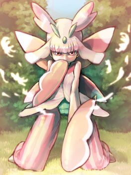 10s 1girl antennae arthropod_girl bad_id bad_pixiv_id blunt_bangs covering_own_mouth female_focus gen_7_pokemon kneeling koutetsu_(fe_steel_stone) leotard looking_at_viewer lurantis mantis monster_girl nintendo pants personification pink_eyes pink_hair pink_pants plant_girl pokemon pokemon_sm praying_mantis short_hair solo striped_clothes striped_pants