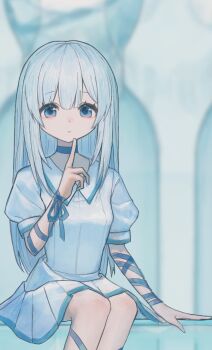 1girl arm_ribbon arm_support blue_choker blue_eyes blue_ribbon blurry blurry_background breasts choker closed_mouth cowboy_shot double-parted_bangs dress hand_up index_finger_raised long_hair looking_at_viewer okubatomaeba original puffy_short_sleeves puffy_sleeves ribbon short_sleeves sitting small_breasts solo white_dress white_hair