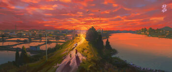 4boys artist_name child chinese_commentary city cloud cloudy_sky commentary_request faceless faceless_male fat fat_man flock highres lake long_shadow motor_vehicle motorcycle mountainous_horizon multiple_boys on_motorcycle original outdoors path power_lines red_shirt red_sky road scenery shirt simple_bird sky sun sunset tree watermark wide_shot zimuyu_zim