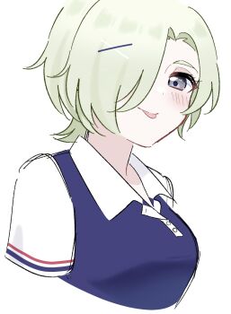 Rule 34 | 1girl, :p, breasts, collared shirt, commentary request, contrast collar, cropped torso, curtained hair, hair ornament, hair over one eye, highres, ishimochi (daleka333), lemonade (love live!), looking at viewer, love live!, love live! nijigasaki high school idol club, medium breasts, mia taylor, one eye covered, polo shirt, purple shirt, shirt, short sleeves, solo, tongue, tongue out, upper body, white sleeves, x hair ornament