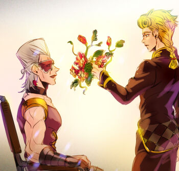 2boys anzumame blonde_hair bouquet braid eyepatch flattop flower giorno_giovanna grey_hair jean_pierre_polnareff jojo_no_kimyou_na_bouken male_focus multiple_boys scar scar_across_eye scar_on_face sitting vento_aureo wheelchair