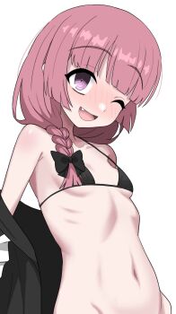 1girl arms_behind_back bare_shoulders bikini black_bikini black_jacket blunt_bangs blush bocchi_the_rock! breasts clothes_down commentary_request fang groin halulu highres hiroi_kikuri jacket looking_at_viewer navel one_eye_closed open_clothes open_jacket open_mouth pink_hair purple_eyes ringed_eyes simple_background small_breasts smile solo stomach swimsuit tareme upper_body white_background