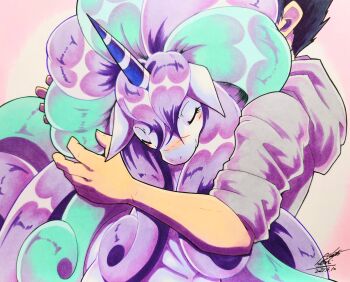 Rule 34 | 025aki, 1boy, absurdres, animal, animal hug, aqua hair, closed eyes, commentary request, dated, galarian form, galarian rapidash, gen 8 pokemon, grey hoodie, highres, hood, hoodie, horns, long hair, multicolored hair, nintendo, pokemon, pokemon (creature), purple hair, short hair, signature, single horn, two-tone hair, unicorn