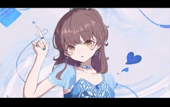 Rule 34 | 1girl, akina (voice actor), bare arms, bibbidiba (hololive), blue dress, blue gemstone, blue nails, blue ribbon, breasts, brown eyes, brown hair, choker, collarbone, commentary request, dress, earrings, gem, hand up, heart, highres, index finger raised, jewelry, letterboxed, long hair, looking at viewer, nail polish, parted lips, real life, ribbon, ring, see-through clothes, see-through sleeves, short sleeves, silver choker, simuyutou, small breasts, solo, tareme, tiara, triangle earrings, upper body