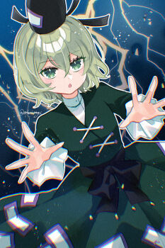 Rule 34 | 1girl, :o, black hat, black sash, blush, commentary request, cowboy shot, crossed bangs, dress, electricity, foreshortening, frilled sleeves, frills, green dress, green eyes, green hair, hair between eyes, hat, highres, katsuragi atori, long sleeves, open mouth, outstretched arms, reaching, reaching towards viewer, sash, shirt, short hair, soga no tojiko, solo, tate eboshi, touhou, twitter username, white shirt