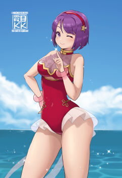 Rule 34 | 1girl, asamiya athena, ass, athena asamiya, beach, bikini, breasts, hairband, huge ass, huge breasts, kkzk61539201, large breasts, one-piece swimsuit, outdoors, pale skin, purple hair, see-through clothes, shiny skin, short hair, smile, smiley face, star (symbol), swimsuit, the king of fighters, the king of fighters xv, thick thighs, thighs, water