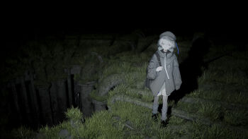 1girl absurdres backpack bag black_shoes closed_mouth dark grass grey_hat grey_jacket hat highres industrial_pipe jacket long_sleeves looking_at_viewer m._(emudotto) original pale_skin shadow shoes short_hair shorts socks solo standing white_hair white_shorts