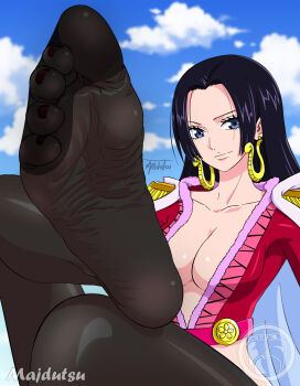 1girl barefoot black_hair blue_eyes boa_hancock breasts cape cleavage commentary earrings feet foot_focus foreshortening highres jewelry large_breasts long_hair looking_at_viewer majdutsu nail_polish one_piece pantyhose red_nails sensitive smile soles solo toenail_polish toenails toes watermark