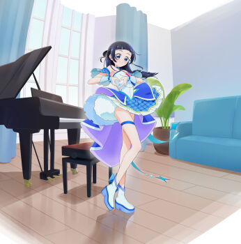 1girl absurdres aokaze_nana arched_bangs armpits bare_legs bare_shoulders blue_boots blue_bow blue_dress blue_eyes blue_hair blue_wrist_cuffs boots bow brooch bubble_skirt choker closed_mouth collar commentary cosplay couch cure_wink cure_wink_(cosplay) curtains detached_collar detached_sleeves dress full_body grand_piano hair_bun hair_ornament heart heart_brooch heart_hands highres idol_heart_brooch_(precure) indoors instrument jewelry kimi_to_idol_precure knee_up long_hair looking_at_viewer magical_girl piano plaid_bow plaid_clothes plaid_dress plaid_sleeves plant pleated_dress potted_plant precure reflective_floor ribbon_choker self_cosplay single_hair_bun skirt smile solo split_mouth standing stool straight_hair strapless strapless_dress thigh_strap tiler_(tiler00) white_collar window wrist_cuffs x_hair_ornament