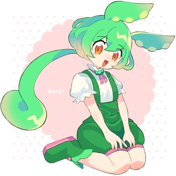 1girl :3 animal_ears blush boots commentary green_boots green_hair green_shorts green_suspenders hair_between_eyes highres kuro_(user_uwrm3742) long_hair looking_at_viewer low_ponytail open_mouth pea_pod ponytail puffy_short_sleeves puffy_shorts puffy_sleeves shirt short_sleeves shorts sitting smile solo suspender_shorts suspenders voicevox wariza white_shirt yellow_eyes zundamon