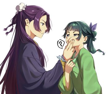 Rule 34 | 1boy, 1girl, ?, absurdres, beads, blue eyes, blue hanfu, blue ribbon, blunt bangs, bun cover, cheek squash, chinese clothes, commentary, english commentary, frown, green hair, green hanfu, hair beads, hair bun, hair ornament, hair ribbon, hairpin, half-closed eyes, half updo, hand on another's cheek, hand on another's face, hanfu, highres, jinshi (kusuriya no hitorigoto), jitome, kusuriya no hitorigoto, long hair, long sleeves, looking at another, low-tied long hair, maomao (kusuriya no hitorigoto), multiple girls, ponytail, profile, purple eyes, purple hair, ribbon, robe, spoken question mark, upper body, v-shaped eyebrows, waligner