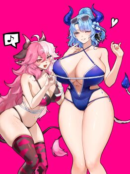 +_+ 2girls ;d absurdres ahoge animal_ears animal_print arm_at_side asymmetrical_legwear bikini black_bikini black_tank_top blue_eyes blue_hair blue_horns blue_one-piece_swimsuit body_freckles breasts bust_measuring clothing_cutout commentary commission cow_ears cow_girl cow_horns cow_print cow_tail criss-cross_halter curtained_hair english_commentary eyewear_on_head feet_out_of_frame fingernails flower freckles grin groin hair_flower hair_ornament hair_ribbon halterneck hand_on_own_chest heart heart_background height_difference heterochromia high_ponytail highleg highleg_bikini highleg_one-piece_swimsuit highres hip_vent holding_tape_measure horns huge_breasts indie_virtual_youtuber knees_together_feet_apart large_breasts leaning_forward long_hair looking_at_another looking_at_breasts measuring miilkywayz mismatched_legwear mole mole_under_eye mole_under_mouth multicolored_hair multiple_girls musical_note navel official_alternate_costume official_alternate_hairstyle one-piece_swimsuit one_eye_closed open_mouth original pink_background pink_hair plunging_neckline ponytail ribbon second-party_source see-through_cleavage see-through_clothes shiraki_(y_aira_srk) side_part simple_background skeb_commission skindentation smile split-color_hair spoken_musical_note sunglasses swimsuit tail tank_top tape_measure thigh_freckles virtual_youtuber white_hair wide_hips wide_ponytail