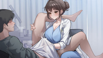 1boy 1girl absurdres black_hair blue_pants blue_shirt blush breasts brown_eyes brown_hair cleavage doctor gotica green_shirt hair_bun handjob handjob_under_clothes highres large_breasts original pants shirt