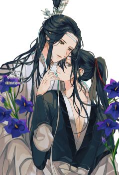 Rule 34 | 2boys, amana raika, bishounen, black hair, black hanfu, blue flower, chinese clothes, closed mouth, collarbone, commentary request, couple, eyelashes, flower, grey eyes, grey sash, hair ribbon, hand on another's neck, hand up, hanfu, headband, height difference, high ponytail, highres, holding, holding flower, holding ribbon, hug, hug from behind, lan wangji, long hair, long sleeves, looking at another, looking at viewer, male focus, modao zushi, multiple boys, parted lips, pectoral cleavage, pectorals, ponytail, profile, red ribbon, ribbon, robe, sidelocks, simple background, smile, topknot, twitter username, upper body, wei wuxian, white background, white hanfu, white headband, white ribbon, wide sleeves, xiao guan (headdress), yaoi, yellow eyes