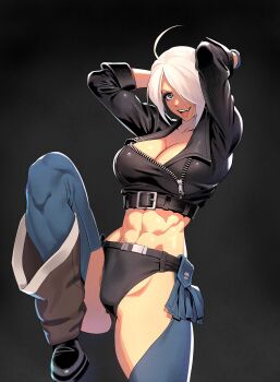 Rule 34 | 1girl, abs, absurdres, angel (kof), backless pants, blue eyes, boots, bra, breasts, chaps, cleavage, commentary request, cowboy boots, crop top, cropped jacket, fingerless gloves, gloves, hair over one eye, highres, jacket, large breasts, leather, leather jacket, looking at viewer, midriff, muscular, muscular female, navel, ogami, panties, pants, short hair, smile, snk, solo, strapless, strapless bra, the king of fighters, the king of fighters xiv, toned, toned female, underwear, white hair