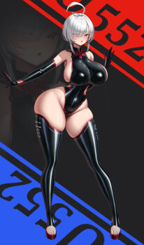 1girl absurdres ahoge alternate_breast_size_(larger) azur_lane black_gloves black_one-piece_swimsuit black_thighhighs blue_eyes breasts character_name elbow_gloves eyes_visible_through_hair full_body gloves groin hair_over_one_eye heterochromia highres huge_breasts latex latex_legwear latex_thighhighs looking_at_viewer one-piece_swimsuit red_eyes short_hair skindentation solo stirrup_legwear swimsuit thighhighs toeless_legwear u-552_(azur_lane) white_hair yue_huang_qing_vassago zoom_layer