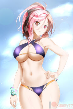 1girl aqua_scrunchie bikini blue_sky breasts brown_eyes brown_hair cleavage cloud cowboy_shot criss-cross_halter day hair_between_eyes halterneck hand_on_own_hip highres kimmy77 large_breasts long_hair looking_at_viewer multicolored_hair navel neopolitan_(rwby) outdoors parted_lips pink_eyes pink_hair polka_dot polka_dot_scrunchie purple_bikini rwby scrunchie sideboob sky solo standing swimsuit two-tone_hair underboob watermark wrist_scrunchie