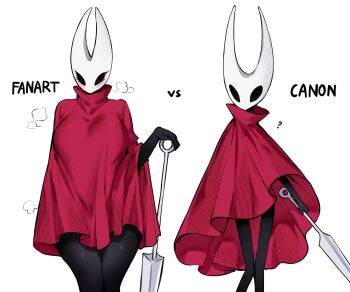 1girl arthropod_girl black_bodystocking blush breasts cloak commentary english_text highres holding holding_weapon hollow_eyes hollow_knight hollow_knight:_silksong horned_mask hornet_(hollow_knight) large_breasts mask multiple_drawing_challenge on-model_vs_in_your_style_challenge qiandaiyiyu red_cloak simple_background weapon white_background white_mask