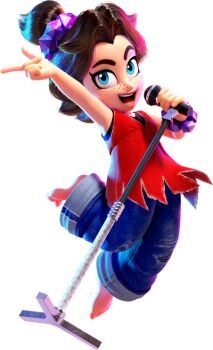 1girl arm_up armpits baggy_pants bare_shoulders barefoot blue_eyes brown_hair clenched_hand curtained_hair denim donkey_kong_(series) donkey_kong_bananza eyelashes feet feet_up female_focus fingernails flat_chest freckles full_body hair_intakes hair_ornament hand_up happy holding holding_microphone index_finger_raised jeans jumping lips long_hair looking_at_viewer microphone microphone_stand nintendo official_art pants pants_rolled_up parted_bangs pauline_(mario) pauline_(young)_(mario) shirt side_ponytail sidelocks sleeveless sleeveless_shirt smile spread_toes thick_eyebrows toenails toes topknot transparent_background v-neck wristband