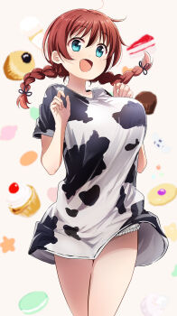 1girl :d abe_kanari animal_print blue_eyes blush braid breasts brown_hair commentary_request cow_print cowboy_shot cupcake emma_verde food freckles hands_up highres large_breasts looking_at_viewer love_live! love_live!_nijigasaki_high_school_idol_club macaron open_mouth short_sleeves smile solo twin_braids
