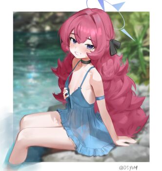 1girl alternate_costume arm_strap arm_support black_choker black_ribbon blue_archive blue_dress blue_halo blurry blurry_background blush border breasts choker commentary d5y0m dated_commentary double-parted_bangs dress feet_out_of_frame flashing fluffy_hair from_side grey_eyes grin hair_between_eyes hair_ribbon halo highres iroha_(blue_archive) loli long_hair looking_at_viewer nipples outdoors outside_border red_hair ribbon sitting sleeveless sleeveless_dress small_breasts smile soaking_feet solo twitter_username very_long_hair water white_border