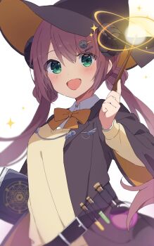 1girl :d belt black_belt black_hat black_jacket blush book bow bowtie cardigan collared_shirt commentary_request green_eyes hair_ornament hairpin hat hexagram highres holding holding_book horns jacket long_hair long_sleeves looking_at_viewer low_twintails magic mochigome_(ununquadium) open_clothes open_jacket open_mouth orange_bow orange_bowtie original parted_bangs potion red_hair shirt simple_background smile solo sparkle star_of_david twintails upper_body v-neck very_long_hair white_background white_shirt wide_sleeves witch witch_hat yellow_cardigan