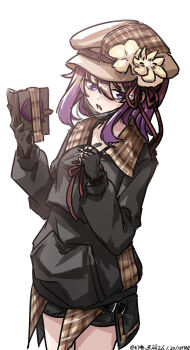 Rule 34 | 1girl, absurdres, artist name, black gloves, black shirt, book, brown hat, collared shirt, fingerless gloves, gloves, hat, hieda no akyuu, highres, holding, holding book, holding pen, looking at viewer, mixed-language commentary, one-hour drawing challenge, pen, purple eyes, purple hair, shirt, short hair, solo, touhou, ve1024, white background