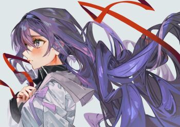 Rule 34 | 1girl, akemi homura, akemi homura (magical girl), black hair, black hairband, closed mouth, dress, floating hair, from side, grey dress, hairband, hand on own chest, holding, holding ribbon, long hair, magical girl, mahou shoujo madoka magica, purple eyes, rainyy, red ribbon, ribbon, solo