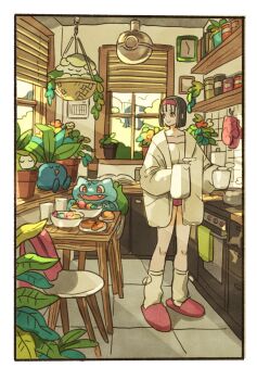 1girl 2024 basket black_hair book brown_eyes bulbasaur cabinet ceiling_basket chair clock closed_eyes coffee_pot cookbook cooking_pot cottonee cup erika_(pokemon) food gen_1_pokemon gen_5_pokemon headdress highres holding holding_cup indoors kitchen nintendo oddish open_mouth oven oven_mitts petilil plant pokemon pokemon_(creature) pokemon_rgby potted_plant red_eyes resting robe shelf slippers smile table takeuchi_ryousuke wall_clock white_robe window