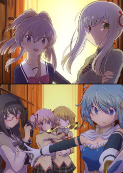 Rule 34 | 2koma, 6+girls, aika himena, akemi homura, akemi homura (magical girl), alley, angry, black hair, black hairband, blonde hair, blue eyes, blue hair, bow, cape, comic, crossed arms, cutlass, diagonal-striped clothes, diagonal-striped necktie, drill hair, fortissimo, frown, glasses, green eyes, grey eyes, grey hair, gun, hair ornament, hairband, handgun, highres, holding, holding gun, holding sword, holding weapon, hug, jewelry, kagura san, kamihama future academy school uniform, kaname madoka, long hair, magia record: mahou shoujo madoka magica gaiden, magical girl, mahou shoujo madoka magica, medium hair, miki sayaka, miki sayaka (magical girl), mitakihara school uniform, multiple girls, musical note, musical note hair ornament, necktie, open mouth, outdoors, pink eyes, pink hair, purple eyes, red-framed eyewear, red bow, ring, scared, school uniform, semi-rimless eyewear, sidelocks, smile, smug, striped clothes, sword, takarazaki school uniform, tomoe mami, touyu (yuruyuruto), twin drills, weapon, white cape, yellow eyes