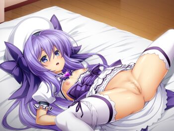 1girl aged_down bed blue_eyes blush bow breasts breasts_out censored chest_jewel clothes_lift flat_chest game_asset hair_bow hat heart inoino katsuragi_marina katsuragi_marina_(exs-tia_p) kouyoku_senki_exs-tia loli long_hair lying magical_girl mosaic_censoring nipples non-web_source official_art on_back open_mouth panties panties_around_leg pastel_marie purple_bow purple_hair pussy short_sleeves skirt skirt_lift small_breasts solo spread_legs thighhighs underwear variant_set visual_novel_cg white_panties white_thighhighs wooden_floor