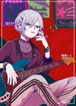 1girl bass_guitar belt_collar bracelet choker collar collarbone crossed_legs earrings find_the_dream_view_(project_sekai) green_eyes grey_hair hair_ornament hair_rings hairclip highres hinomori_shiho holding holding_bass_guitar holding_instrument instrument jacket jewelry looking_at_viewer medium_hair multiple_piercings nail_polish necklace official_alternate_costume official_alternate_hair_length official_alternate_hairstyle open_clothes open_jacket pants poster_(object) project_sekai see-through_clothes single_hair_ring sitting solo striped_clothes t_b7ce390 three-quarter_sleeves triple_vertical_stripe vertical-striped_clothes