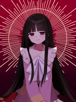 1girl bow bowtie brown_hair closed_mouth collared_shirt commentary_request frilled_shirt_collar frills gradient_background highres houraisan_kaguya long_hair long_sleeves looking_at_viewer pink_shirt red_background red_eyes red_skirt shirt skirt smile solo touhou very_long_hair white_bow white_bowtie wide_sleeves you_(noanoamoemoe)