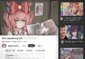 1boy 6+girls agnes_digital_(umamusume) agnes_tachyon_(umamusume) animal_ears beard black_hair black_hat black_jacket black_shirt blood blue_eyes blue_hair blue_hat blue_jacket blush bow brown_hair collar collared_shirt daitaku_helios_(umamusume) doktahzaki ears_through_headwear facial_hair flower glasses green_collar grin hair_between_eyes hair_bow hair_flower hair_ornament hat highres horse_ears horse_girl jacket long_hair looking_at_another looking_at_viewer manhattan_cafe_(creeping_shadow)_(umamusume) manhattan_cafe_(umamusume) matikanetannhauser_(umamusume) meisho_doto_(umamusume) mejiro_dober_(umamusume) mihono_bourbon_(umamusume) mrbeast multicolored_hair multiple_girls narita_top_road_(umamusume) necktie nosebleed open_mouth orange_hair pink_shirt purple_bow purple_eyes purple_flower purple_shirt red_bow red_eyes red_shirt rice_shower_(umamusume) round_eyewear sailor_collar school_uniform shirt short_hair short_sleeves side_ponytail sidelocks skirt smile t.m._opera_o_(o_sole_suo!)_(umamusume) t.m._opera_o_(umamusume) tracen_school_uniform two-tone_hair two_side_up umamusume very_short_hair w white_sailor_collar white_shirt white_skirt white_sleeves yellow_eyes yellow_necktie youtube yuri yuyulivestreamdaily