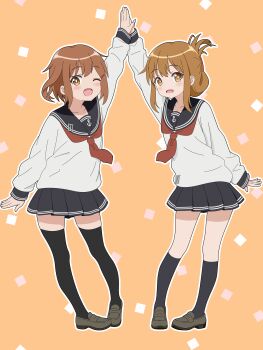 2girls absurdres anchor_ornament black_sailor_collar black_socks black_thighhighs brown_eyes brown_hair folded_ponytail high_five highres ikazuchi_(kancolle) inazuma_(kancolle) kantai_collection loafers long_hair long_sleeves looking_at_viewer multiple_girls neckerchief orange_background red_neckerchief sailor_collar sailor_shirt school_uniform serafuku shirt shoes short_hair socks sugapi thighhighs white_shirt