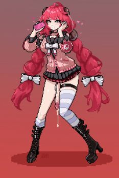 1girl ahoge black_boots black_skirt boots cardigan commentary full_body futanari green_eyes grin heart highres holding holding_phone large_penis long_hair long_sleeves looking_at_viewer nakirikea penis phone pink_cardigan pixel_art precum red_hair single_thighhigh skirt smile solo standing striped_clothes striped_thighhighs symbol-only_commentary thigh_strap thighhighs twintails ukinami_yuzuha very_long_hair zenless_zone_zero