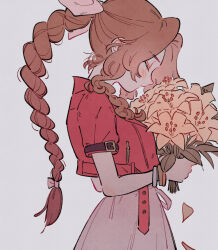 Rule 34 | 1girl, aerith gainsborough, blush, bouquet, bracelet, braid, braided ponytail, brown hair, closed eyes, closed mouth, eyelashes, falling leaves, final fantasy, final fantasy vii, flower, from side, grey background, hair ribbon, highres, holding, holding bouquet, jacket, jewelry, leaf, long hair, low-tied long hair, oharu-chan, red jacket, ribbon, short sleeves, skirt, solo, yellow flower, zipper pull tab
