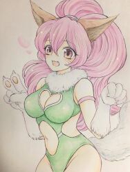 Rule 34 | 1girl, :d, animal ears, animal hands, breasts, cat ears, cat tail, cleavage, cleavage cutout, clothing cutout, higemaccho, highres, leotard, long hair, looking at viewer, navel, open mouth, perisie (star ocean), pink hair, ponytail, simple background, smile, solo, star ocean, star ocean first departure, tail, v