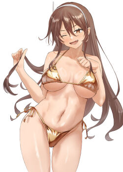 Rule 34 | 1girl, ashigara (kancolle), bikini, blush, breasts, brown eyes, brown hair, cleavage, collarbone, commentary, fang, gold bikini, hairband, kantai collection, large breasts, long hair, looking at viewer, navel, one eye closed, open mouth, shiny swimsuit, smile, solo, swimsuit, toka (marchlizard), wavy hair, white hairband
