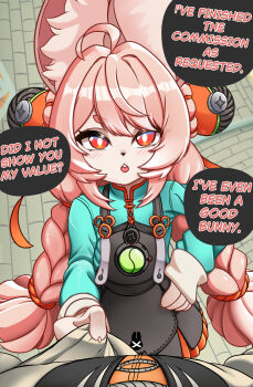 1girl absurdres ahoge animal_ear_fluff animal_ear_piercing animal_ears braid bright_pupils commentary english_commentary furry furry_female hair_ornament highres long_hair looking_at_viewer open_mouth piercing pink_fur pink_hair rabbit_ears rabbit_girl red_eyes shirt short_eyebrows solo thick_eyebrows twin_braids user_ewup4485 white_pupils wise_(soaring_crane)_(zenless_zone_zero) wise_(zenless_zone_zero) zenless_zone_zero zhao_(zenless_zone_zero)