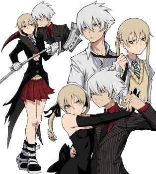 1boy 1girl absurdres arm_around_shoulder arm_on_another's_shoulder black_coat black_dress black_gloves black_necktie black_suit blonde_hair cardigan coat commentary crossed_legs dancing diagonal-striped_clothes diagonal-striped_necktie dress elbow_gloves english_commentary formal_clothes frown full_body gloves green_eyes green_necktie highres holding holding_scythe holding_weapon kekel lapels looking_at_another maka_albarn necktie notched_lapels pinstripe_pattern pinstripe_suit pleated_skirt red_shirt red_skirt scythe shirt short_hair skirt smile soul_eater soul_evans strapless strapless_dress striped_clothes suit twintails v-shaped_eyebrows watson_cross weapon white_gloves white_hair white_necktie white_shirt yellow_cardigan