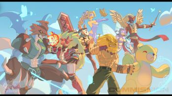Rule 34 | 1other, 3girls, 4boys, 765 nanami, :d, abs, agnimon, animal ears, aqua hair, arm warmers, armor, artist logo, bare shoulders, belt, bikini, bird, black bodysuit, black thighhighs, blindfold, blonde hair, blue butterfly, blue eyes, blue skin, blue sky, blue wings, bodysuit, boots, braid, breasts, brown armor, brown helmet, bug, butterfly, butterfly hair ornament, butterfly wings, claws, cleavage, closed mouth, cloud, collarbone, colored skin, combat knife, commentary, commission, covered eyes, day, digimon, digimon (creature), dove, dragon, dress, duftmon, elbow gloves, english commentary, facial mark, fairimon, feathered wings, fire, floating, furry, furry male, garter straps, gauntlets, gloves, green armor, green eyes, green pants, grey gloves, group picture, hair ornament, hair over one eye, hairband, head-mounted display, helmet, highres, holding, holding knife, holding sword, holding weapon, horned mask, horns, huge weapon, insect, insect wings, knife, leomon, lion boy, lion mane, logo, long hair, mask, medium breasts, mervamon, monzaemon, multiple boys, multiple girls, multiple wings, muscular, muscular male, navel, olive (digimon), open mouth, paildramon, pants, parted bangs, pectorals, purple arm warmers, purple belt, purple bikini, purple boots, purple hair, purple hairband, red armor, red eyes, red helmet, ribbon, scar, scar on arm, sentient stuffed toy, shoulder pads, shoulder spikes, sidelocks, sky, smile, spikes, standing, stomach, strapless, strapless bikini, strapless dress, stuffed animal, stuffed toy, swimsuit, sword, teddy bear, teeth, thigh armor, thigh boots, thighhighs, twin braids, twitter username, venusmon, very long hair, watermark, weapon, white dress, white wings, wing ears, winged helmet, wings, yellow eyes