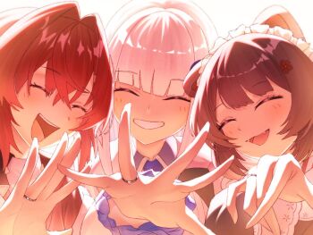 Rule 34 | 3girls, :d, ^ ^, ange katrina, ange katrina (1st costume), animal ears, blunt bangs, brown hair, closed eyes, commentary request, crossed bangs, dog ears, dog girl, fangs, flower, grin, group picture, hair between eyes, hair flower, hair intakes, hair ornament, hand up, inui toko, inui toko (1st costume), jewelry, lize helesta, lize helesta (1st costume), maid headdress, multiple girls, nijisanji, open mouth, red hair, ring, sanbaka (nijisanji), simple background, smile, usa ginkou, virtual youtuber, white background, white hair, white headdress