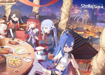 Rule 34 | 4girls, :d, :t, ^ ^, absurdres, aerial fireworks, bamboo steamer, bare shoulders, black dress, black gloves, black hat, black jacket, black shorts, blonde hair, blue hair, blunt bangs, braid, breasts, buttons, char-siu, chinese clothes, chinese food, chopsticks, cityscape, closed eyes, collared shirt, commentary, commentary request, crop top, cropped shirt, cup, double-breasted, dress, dress shirt, drinking glass, earrings, eating, english commentary, fireworks, flower, food, food request, freesia (stella sora), gloves, grey hair, grey skirt, hair bun, hair flower, hair ornament, hat, highres, holding, holding chopsticks, holding cup, holding food, holding plate, jacket, jewelry, jinglin (stella sora), juliet sleeves, lantern festival, leaning forward, long hair, long sleeves, low twin braids, mapo tofu, medium breasts, miniskirt, minova (stella sora), mistique (stella sora), monolith (object), mountainous horizon, multicolored hair, multiple girls, navel, night, official art, open mouth, orange hair, outdoors, pantyhose, peking duck (food), pink eyes, pinstripe pattern, pinstripe shirt, plate, pleated skirt, ponytail, puffy sleeves, red eyes, red jacket, red shirt, sauce, second-party source, shirt, short dress, short shorts, shorts, side ponytail, sitting, skirt, sky lantern, sleeveless, sleeveless shirt, smile, soeyumi, steamed bun, stella sora, stomach, streaked hair, tail, tangzhuang, thighhighs, tumbler glass, twin braids, twintails, very long hair, white flower, white pantyhose, white shirt, white thighhighs, witch hat, yellow eyes