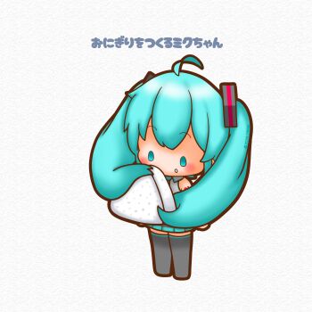 1girl absurdres ahoge aqua_eyes aqua_hair chibi chibi_only commentary_request food full_body hatsune_miku highres holding holding_food long_hair onigiri prehensile_hair sh1n_chan solo standing thick_outlines twintails vocaloid