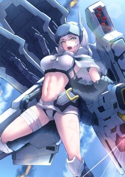Rule 34 | 1girl, absurdres, bandaged leg, bandaged waist, bandages, blue sky, breasts, capelet, cloak, cloud, commentary, day, dog tags, goddess of victory: nikke, hair between eyes, head-mounted display, highres, large breasts, long hair, looking at viewer, mechanical arms, midriff, navel, official alternate costume, official alternate design, open mouth, scar, scar on leg, scar on stomach, scar on thighs, shirt, sidelocks, single mechanical arm, sky, snow white (heavy arms) (nikke), snow white (nikke), solo, stella (stella), teeth, toned, toned female, torn capelet, torn cloak, torn clothes, upper teeth only, visor (armor), visor lift, white cloak, white hair, white shirt, yellow eyes