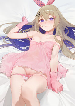 Rule 34 | 1girl, absurdres, amanogawa shiina, bed sheet, blonde hair, blush, bow hairband, breasts, censored, chemise, choker, closed mouth, colored inner hair, commentary, commission, crossed bangs, double-parted bangs, english commentary, gloves, hair between eyes, hairband, heart, heart-shaped pupils, highres, long hair, looking at viewer, lying, mosaic censoring, multicolored hair, nipples, off shoulder, on back, panties, panty pull, phase connect, pink hairband, purple eyes, purple hair, pussy, serelith, sheet grab, small breasts, solo, starry hair, symbol-shaped pupils, underwear, virtual youtuber, white chemise, white choker, white gloves, white panties