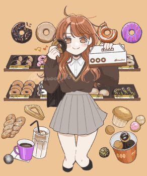 1girl black_socks blush box brown_background brown_eyes brown_sweater coffee collared_shirt commentary cup donut donut_hole drinking_straw feet_out_of_frame fingernails food food_bite grey_skirt highres holding holding_box holding_donut holding_food iced_coffee kneehighs knees_together_feet_apart long_hair long_sleeves looking_at_viewer messy_hair muffin mug musical_note nozawa_(nooo1709) original pleated_skirt red_hair shirt simple_background skirt smile socks solo spoken_musical_note straight-on sweater white_shirt