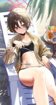 1girl absurdres bikini black_bikini black_choker blue_archive blush bocchi_(kuropom7) breasts brown_eyes brown_hair brown_shirt choker commentary_request cup drinking_glass drinking_straw feet_out_of_frame food fruit halo highres holding holding_removed_eyewear juice looking_at_viewer md5_mismatch misaki_(blue_archive) misaki_(swimsuit)_(blue_archive) navel open_clothes open_shirt orange_(fruit) orange_juice orange_slice outdoors resolution_mismatch revision shirt short_hair sitting small_breasts solo source_smaller striped_clothes striped_shirt sunglasses sunlight sweat swimsuit tree unworn_eyewear vertical-striped_clothes vertical-striped_shirt